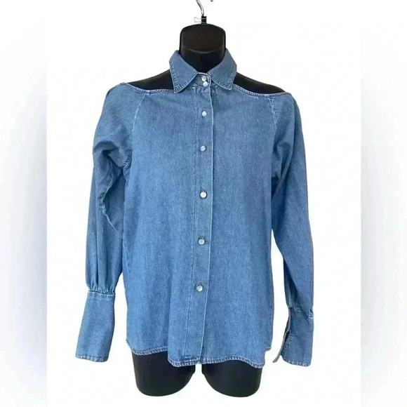 Styles togo women’s vintage denim cutout shoulders longsleeve top sz 4 preowned - Picture 1 of 7